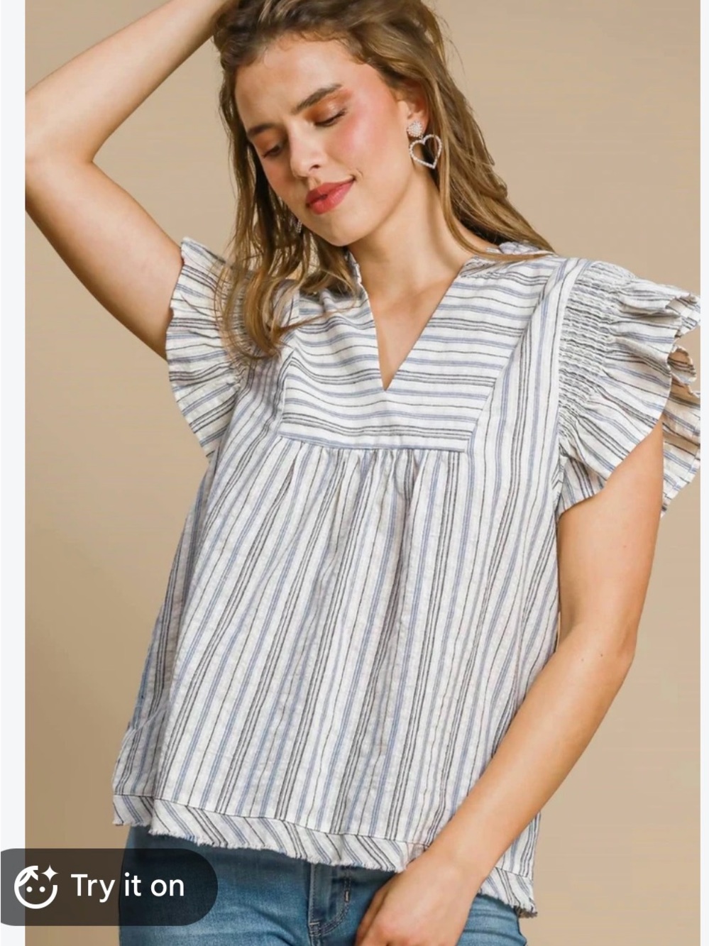 Umgee Blue & White Striped Flutter Sleeve Baby doll blouse size 1XL party cute